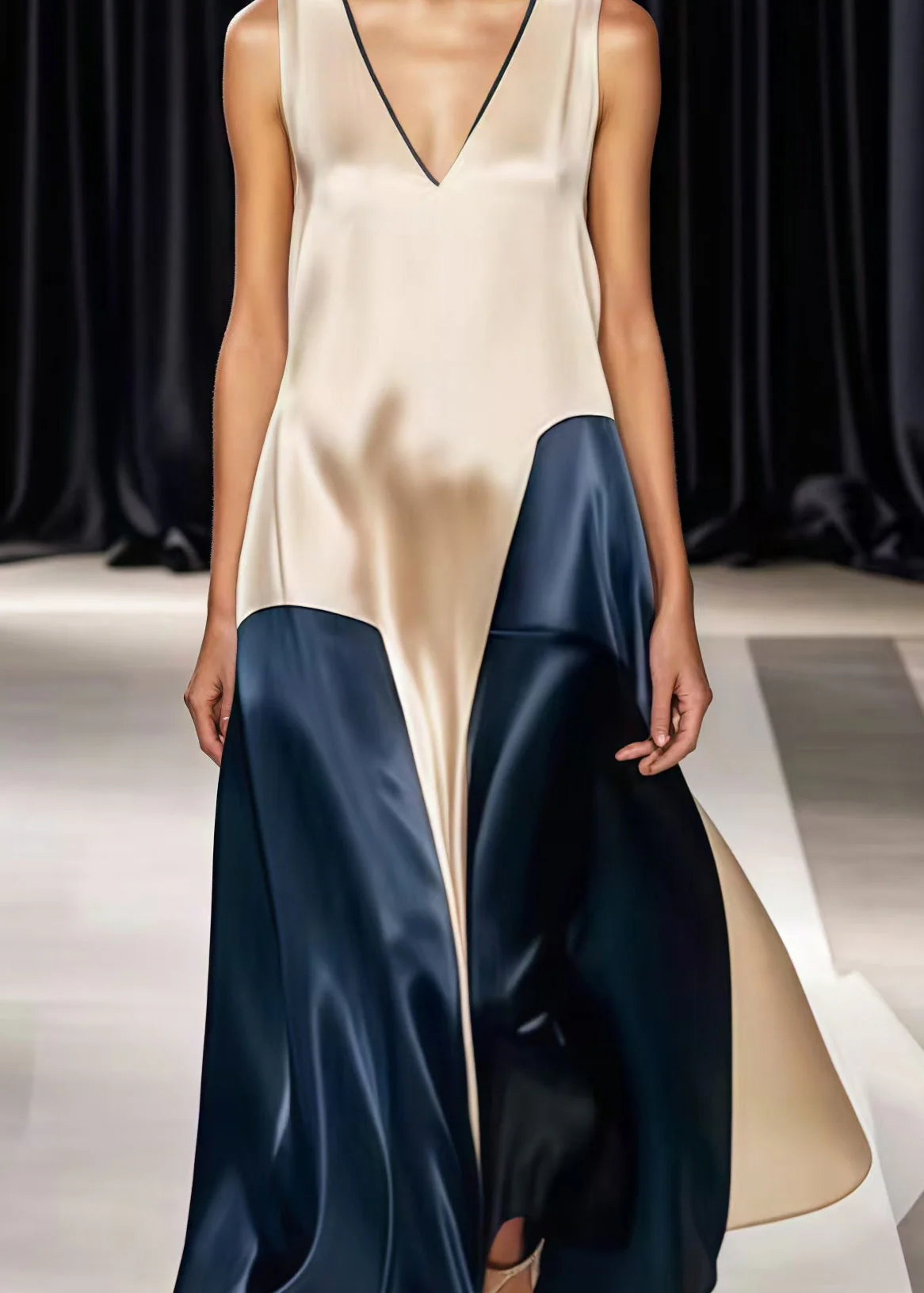 Champagne Patchwork Silk Holiday Dress V Neck Summer - Image 4