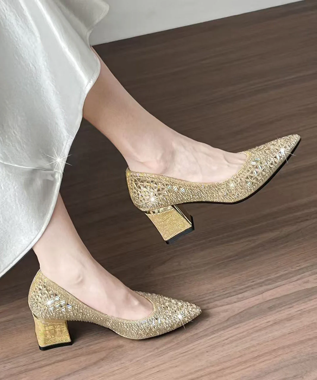 Champagne Sparkly High Heels Chunky Faux Leather Elegant Hollow Out High Heels - Image 4