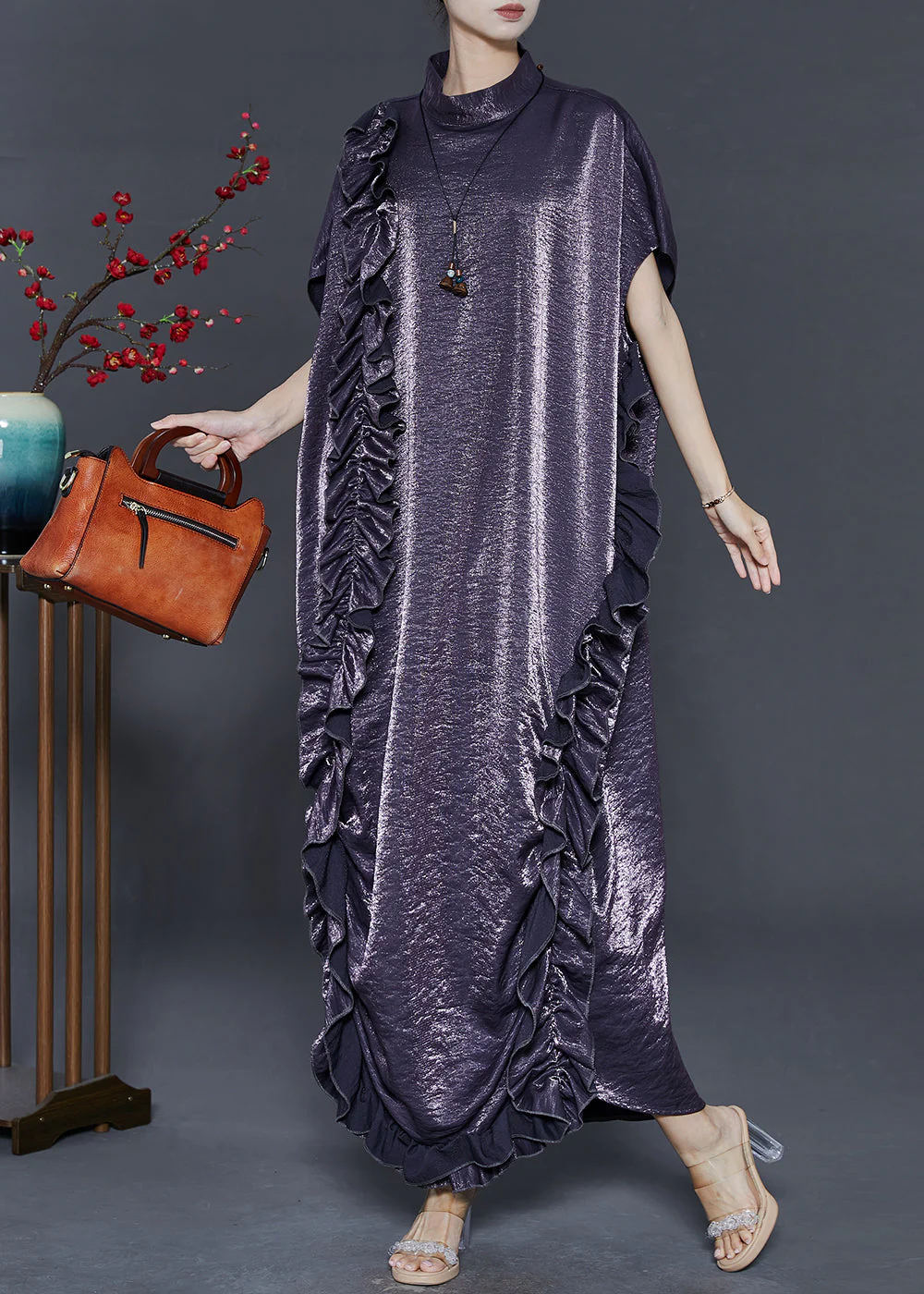 Charcoal Grey Silk Maxi Dresses Ruffled Summer - Image 2