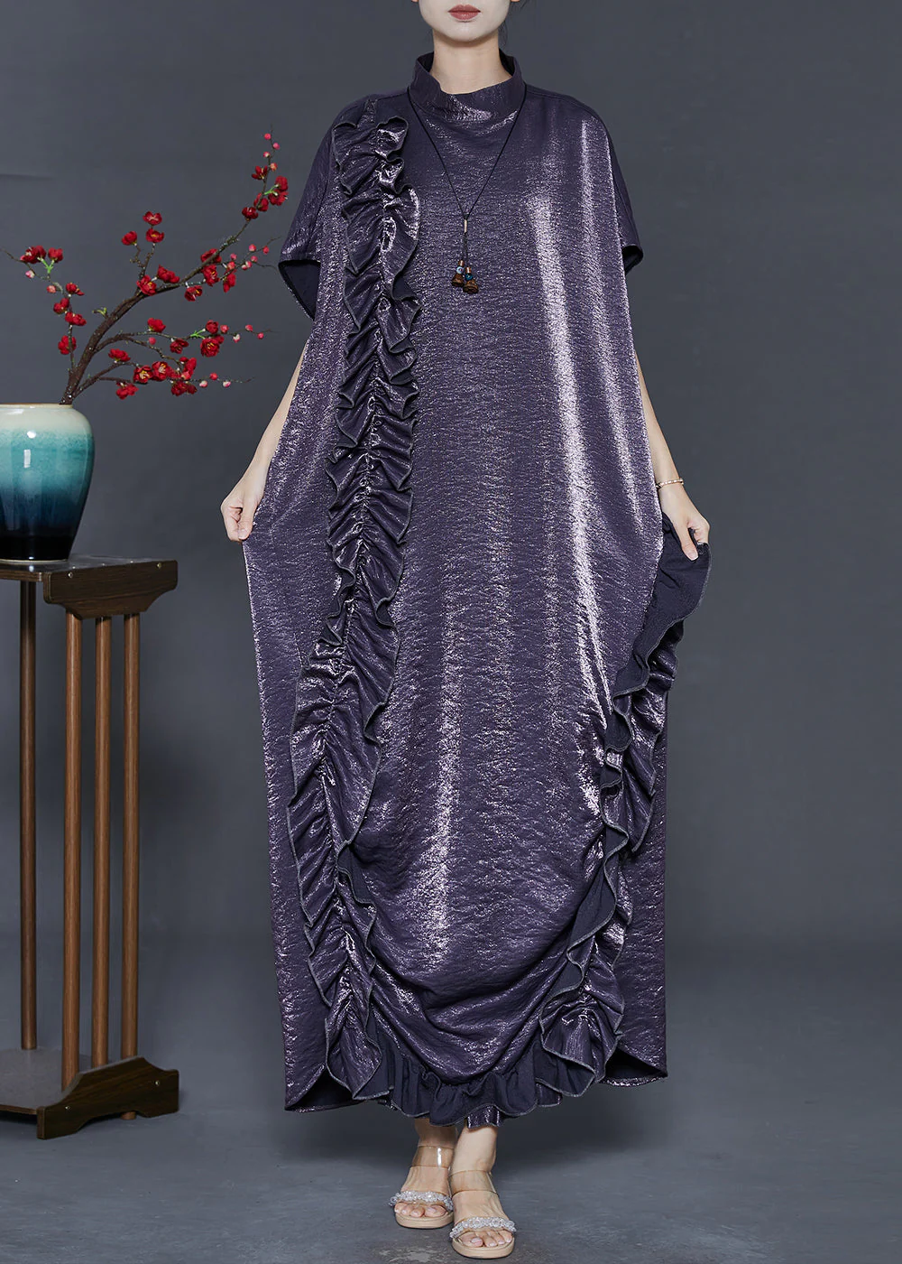Charcoal Grey Silk Maxi Dresses Ruffled Summer - Image 3