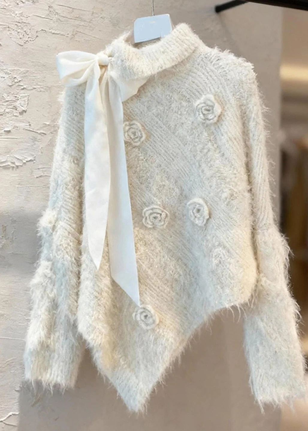 Chic Apricot Asymmetrical Bow Patchwork Cotton Knit Sweater Spring