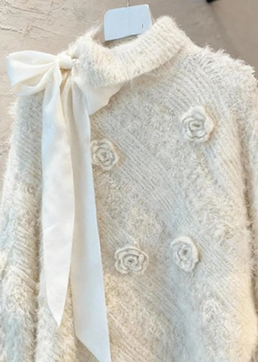 Chic Apricot Asymmetrical Bow Patchwork Cotton Knit Sweater Spring - Image 2