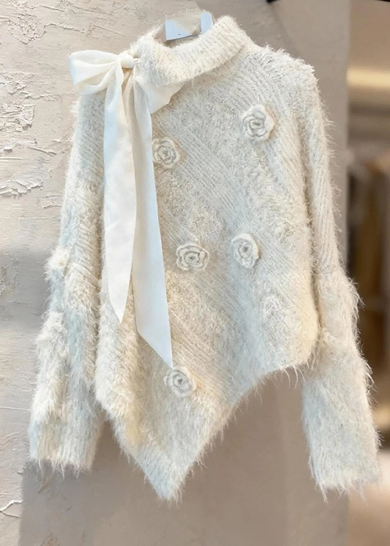 Chic Apricot Asymmetrical Bow Patchwork Cotton Knit Sweater Spring - Image 3