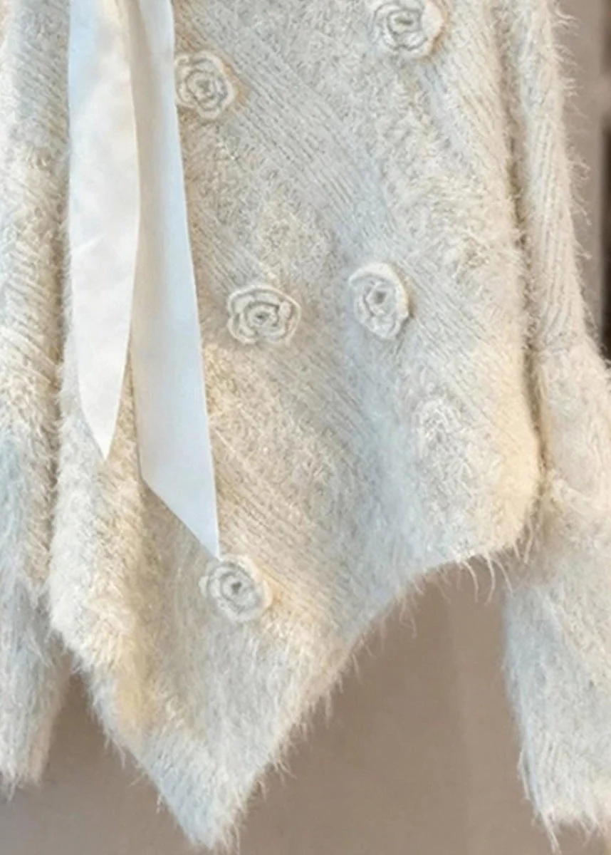Chic Apricot Asymmetrical Bow Patchwork Cotton Knit Sweater Spring - Image 4