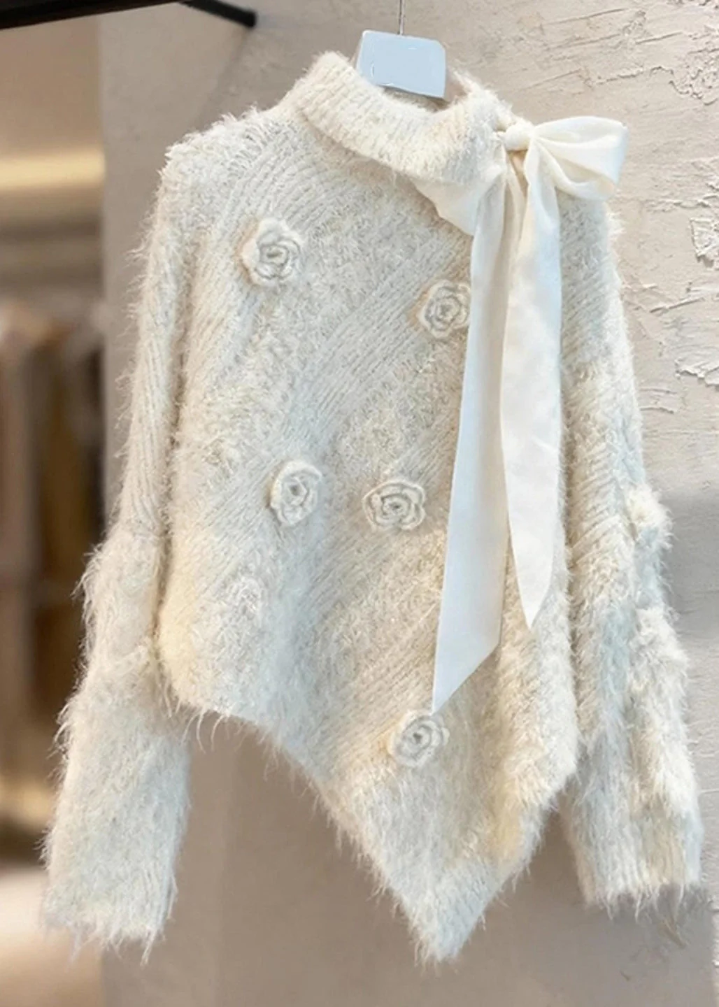 Chic Apricot Asymmetrical Bow Patchwork Cotton Knit Sweater Spring - Image 5