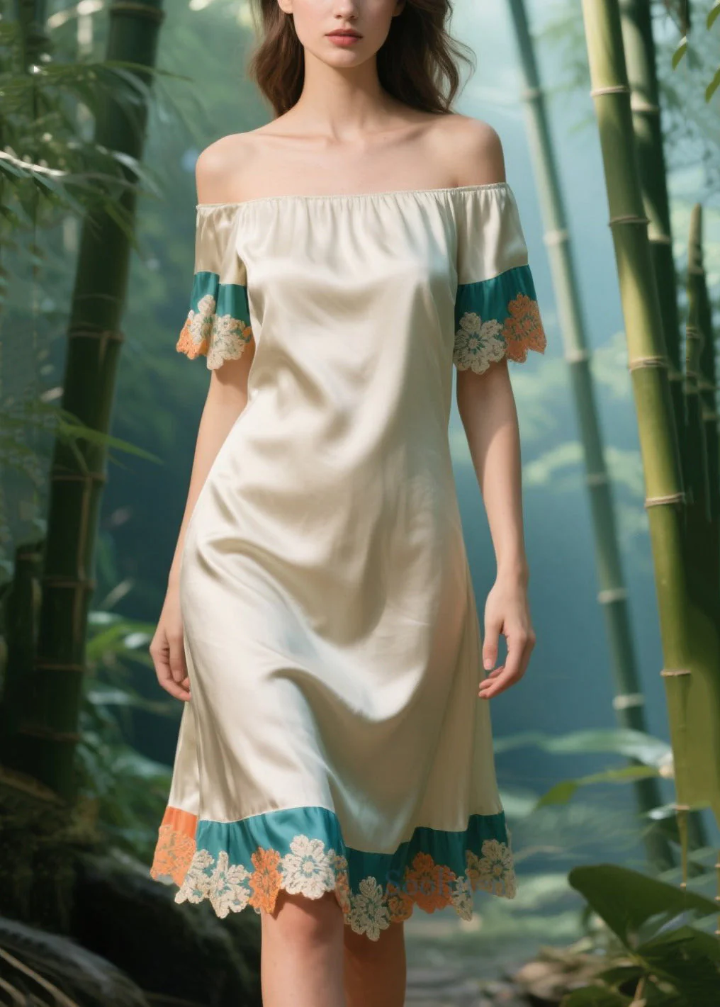Chic Apricot Cold Shoulder Patchwork Silk Strapless Dress Summer - Image 3