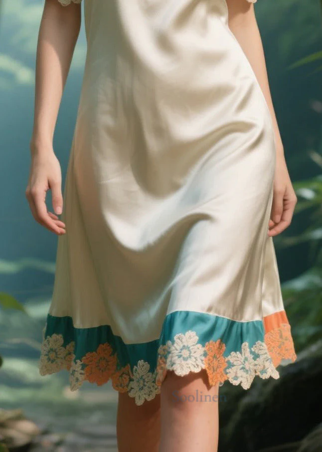 Chic Apricot Cold Shoulder Patchwork Silk Strapless Dress Summer - Image 4