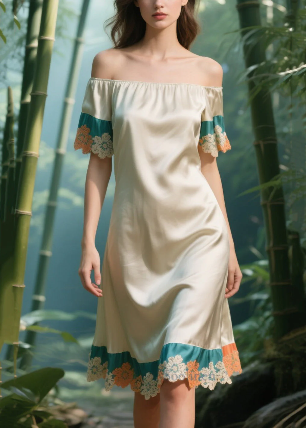 Chic Apricot Cold Shoulder Patchwork Silk Strapless Dress Summer - Image 5