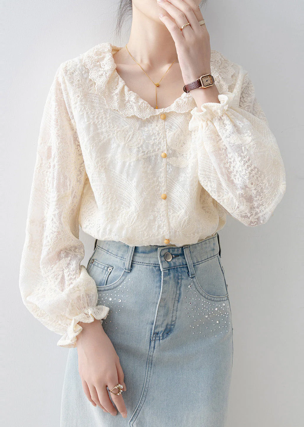 Chic Apricot Embroidered Lace Shirt Tops Spring - Image 3