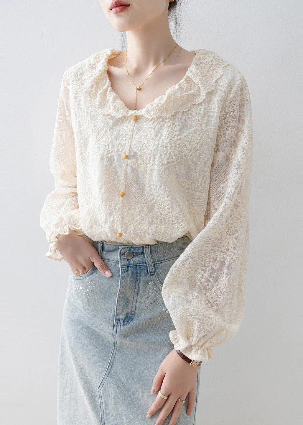 Chic Apricot Embroidered Lace Shirt Tops Spring - Image 4