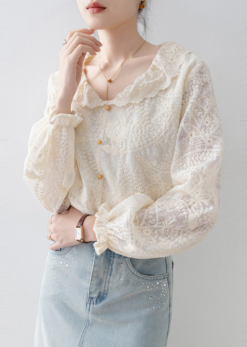 Chic Apricot Embroidered Lace Shirt Tops Spring - Image 5
