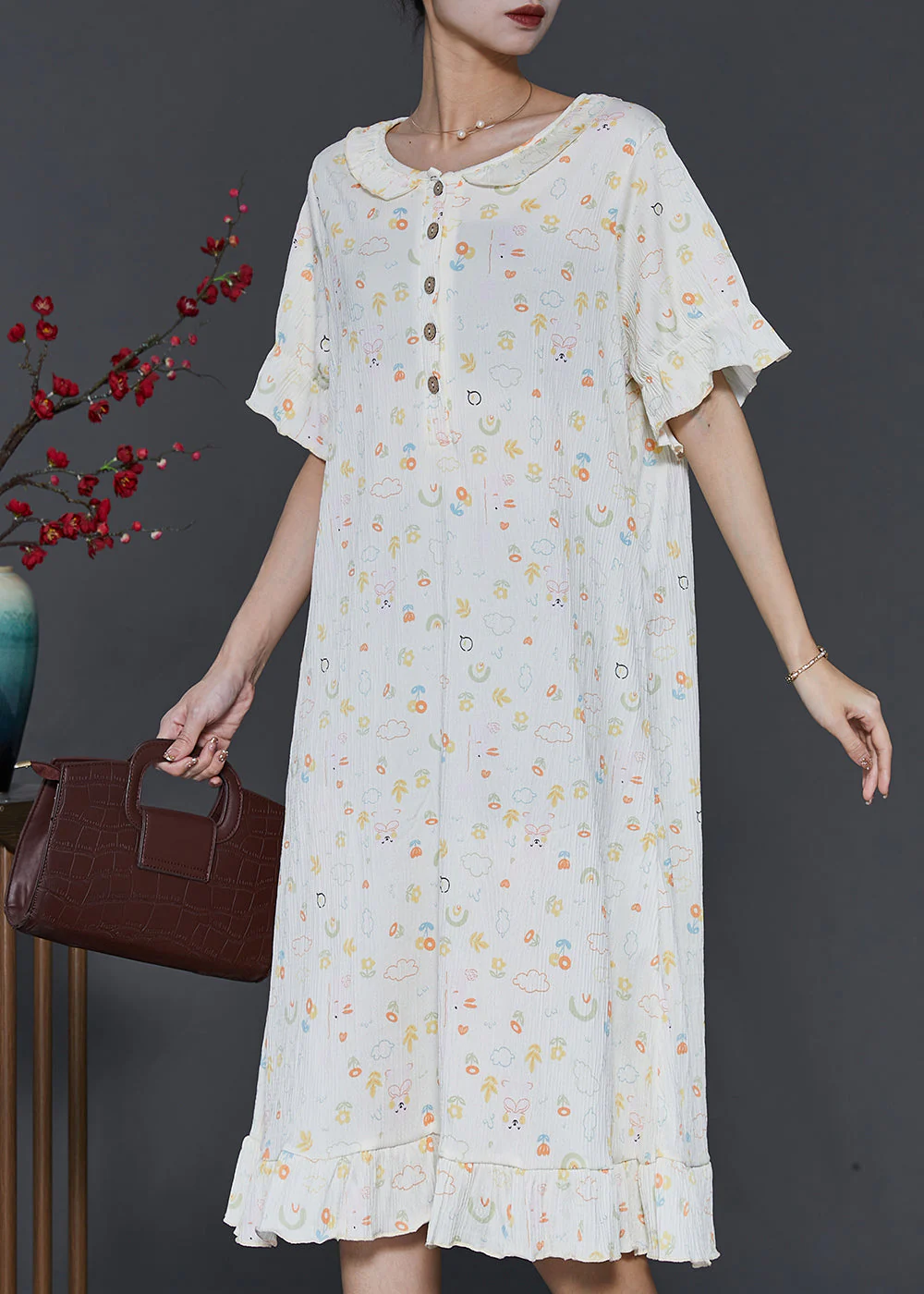 Chic Apricot O-Neck Print Cotton Robe Dresses Summer - Image 2