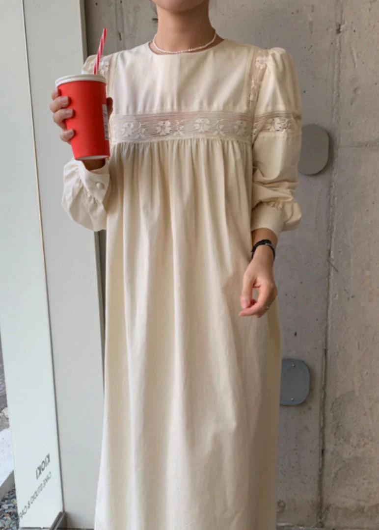 Chic Apricot O Neck Wrinkled Patchwork Cotton Dress Spring - Image 2