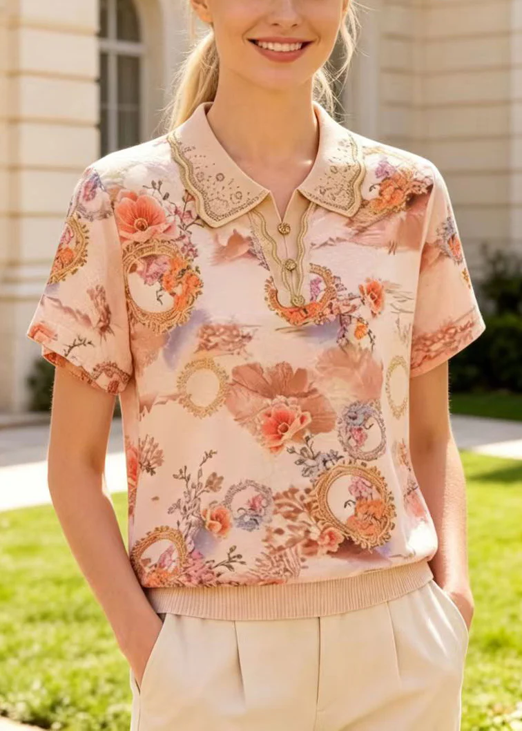 Chic Apricot Peter Pan Collar Print Cotton Shirts Summer - Image 3