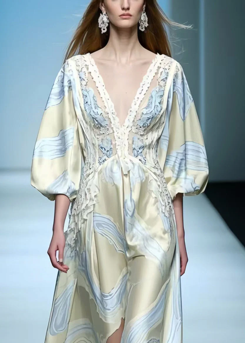 Chic Apricot Print Draping Silk Maxi Dresses Lantern Sleeve - Image 2