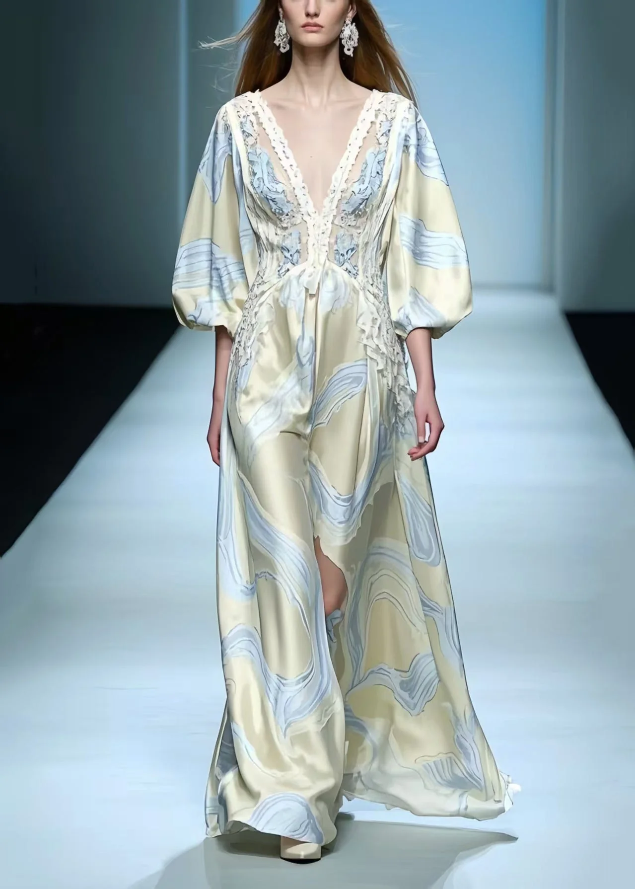 Chic Apricot Print Draping Silk Maxi Dresses Lantern Sleeve - Image 3
