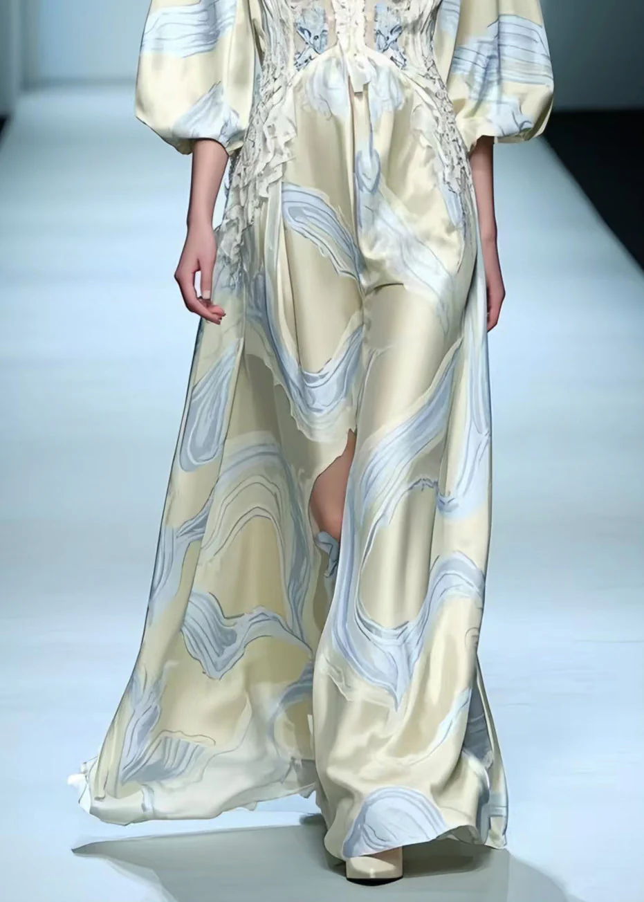 Chic Apricot Print Draping Silk Maxi Dresses Lantern Sleeve - Image 4