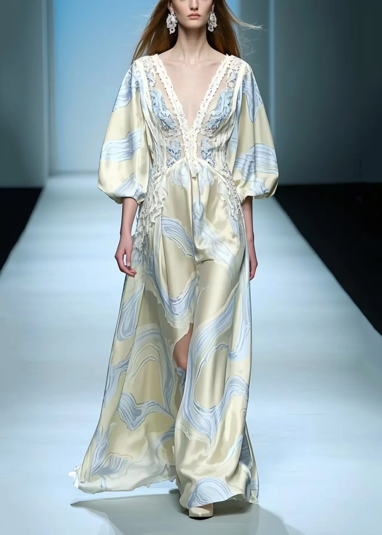 Chic Apricot Print Draping Silk Maxi Dresses Lantern Sleeve - Image 5