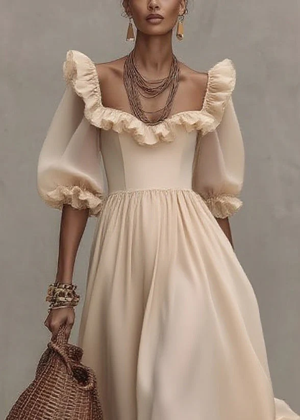 Chic Apricot Square Collar Wrinkled Long Dress Half Sleeve - Image 2