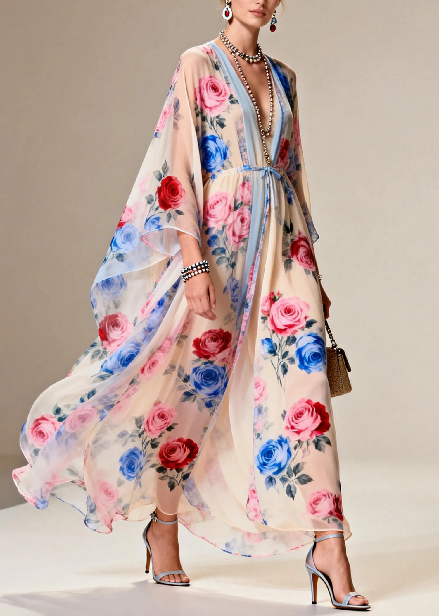 Chic Apricot Tie Waist Print Chiffon Party Dress Summer - Image 3