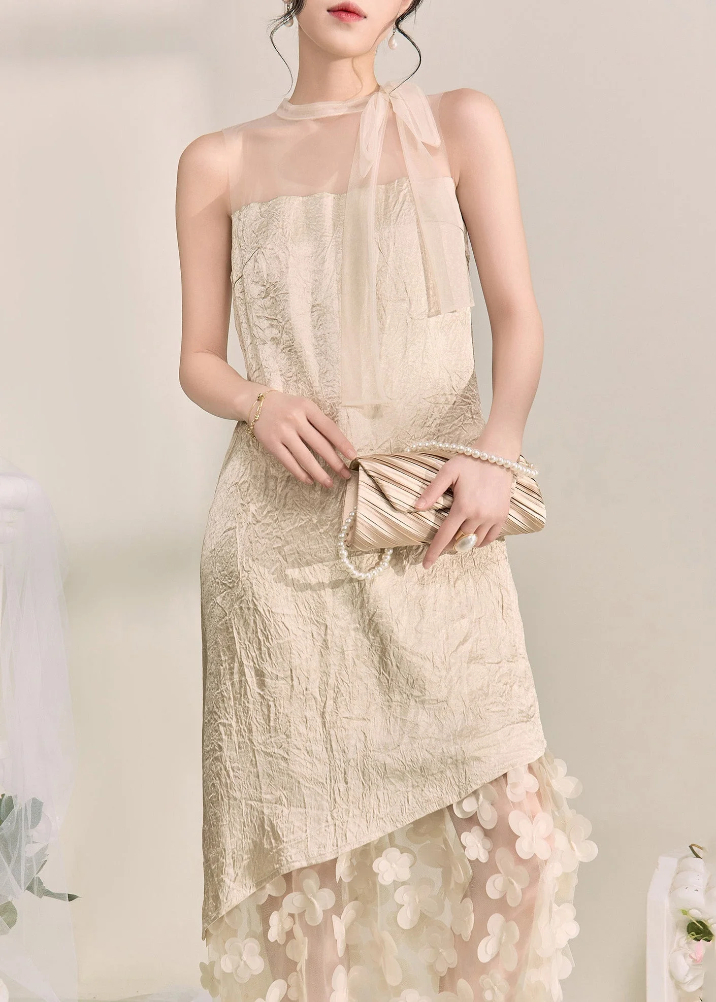 Chic Apricot Tulle Patchwork Floral Vacation Maxi Dresses Summer - Image 2