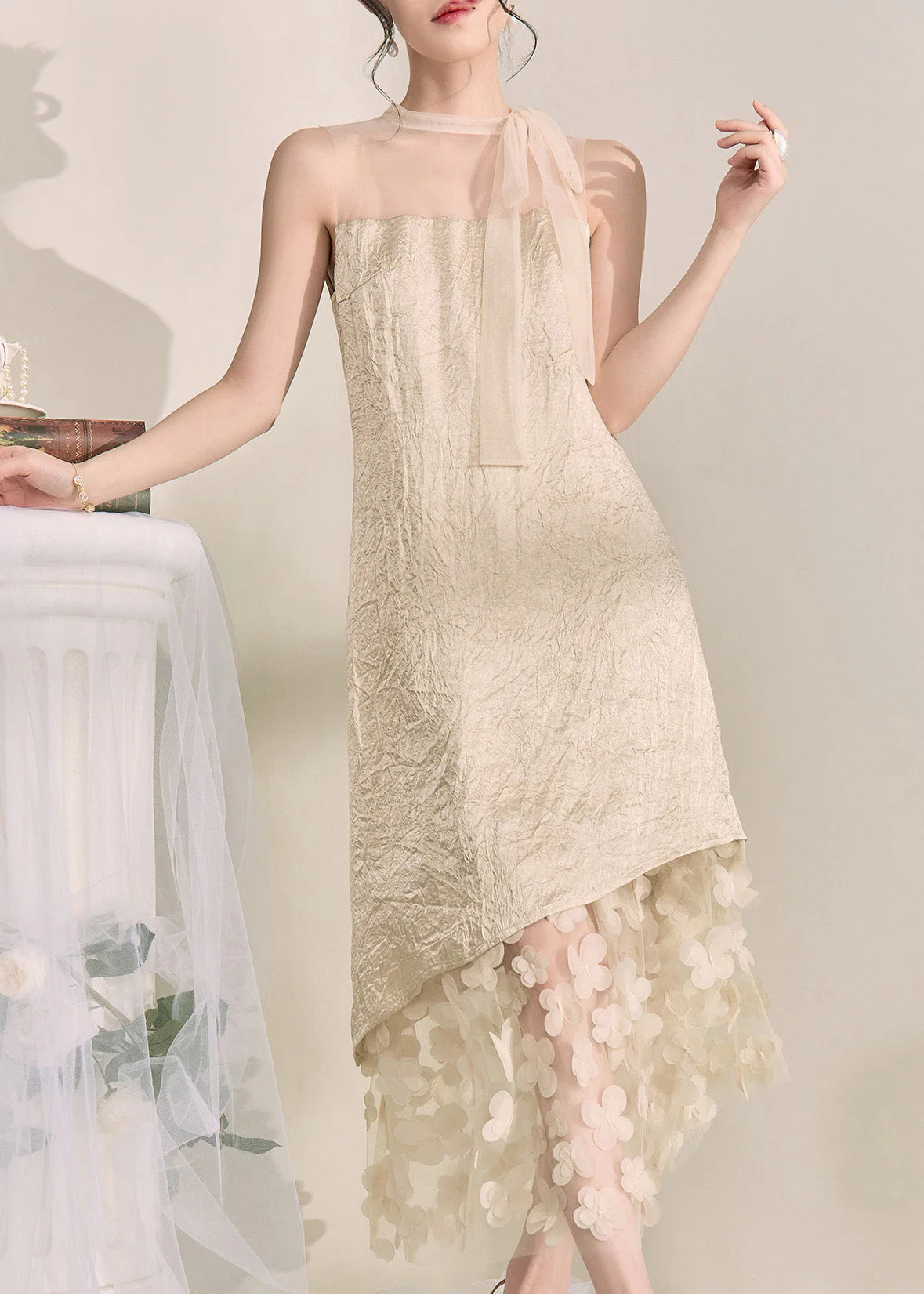 Chic Apricot Tulle Patchwork Floral Vacation Maxi Dresses Summer - Image 3