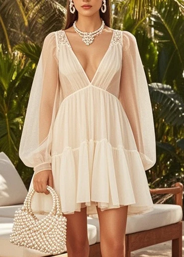 Chic Apricot V Neck Exra Large Hem Tulle Tea Dress Summer - Image 2
