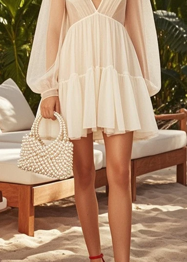 Chic Apricot V Neck Exra Large Hem Tulle Tea Dress Summer - Image 4