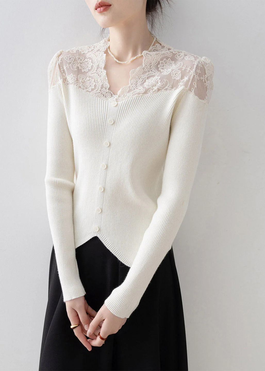 Chic Apricot V Neck Lace Patchwork Knit Sweater Spring - Image 2