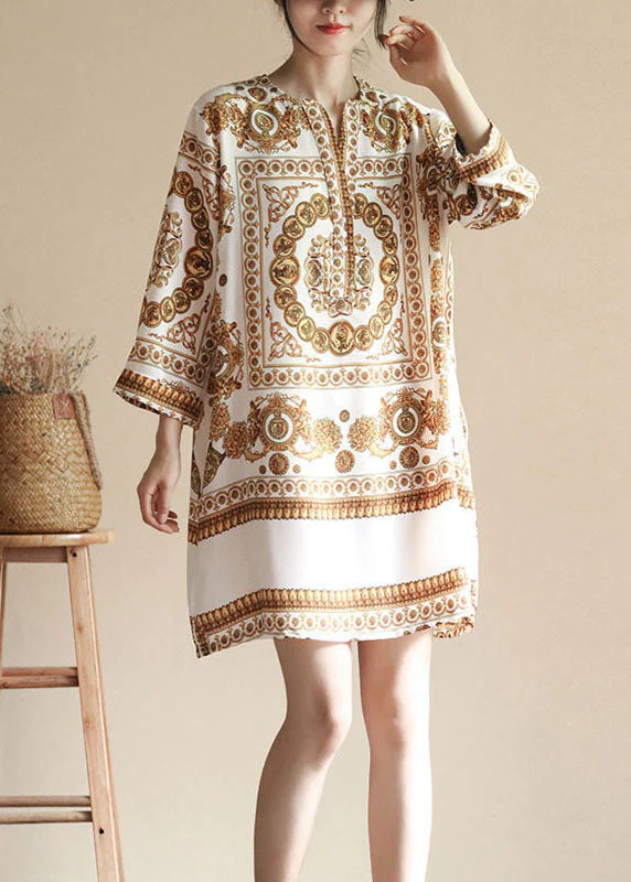 Chic Apricot V Neck Print Patchwork Silk Dresses Summer - Image 2