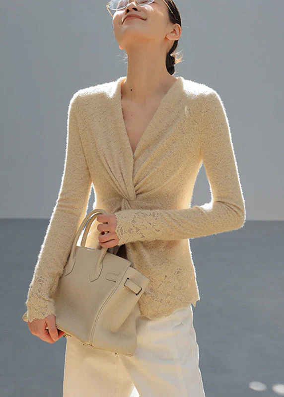 Chic Apricot V Neck Wrinkled Knit Top Spring - Image 3
