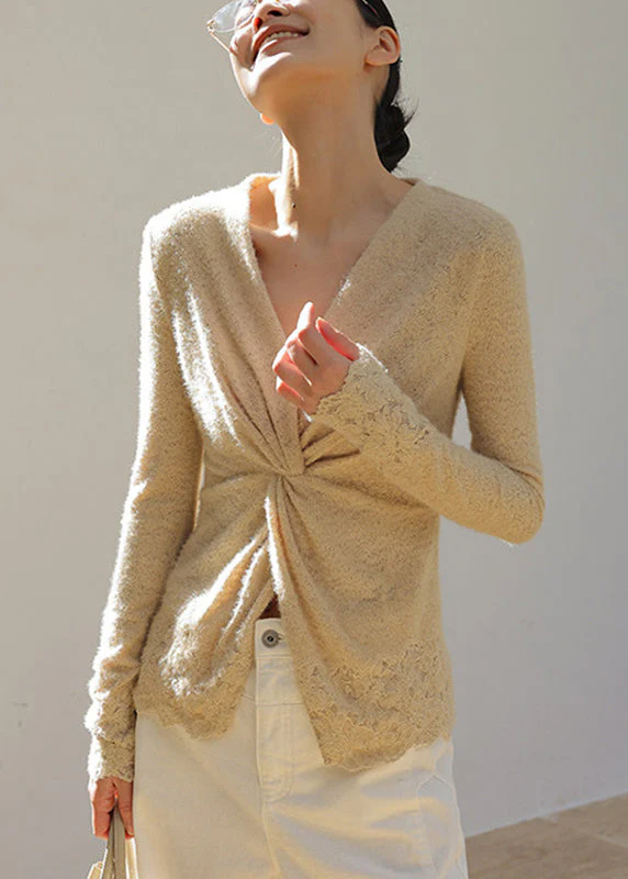 Chic Apricot V Neck Wrinkled Knit Top Spring - Image 5