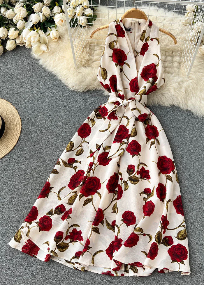 Chic Apricot Zippered Print Chiffon Long Dress Sleeveless - Image 2