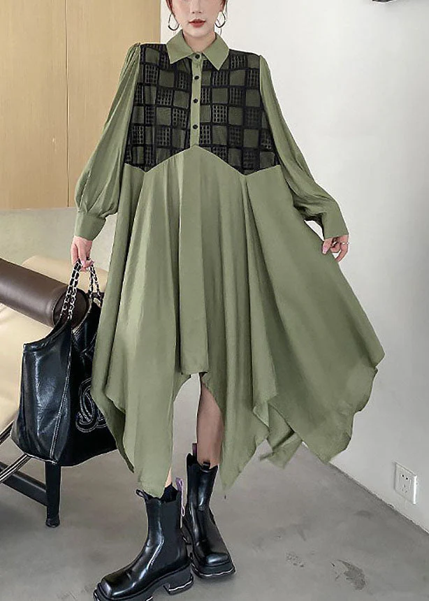 Chic Army Green Asymmetrical Patchwork Cotton Shirt Dresses Spring - Image 2