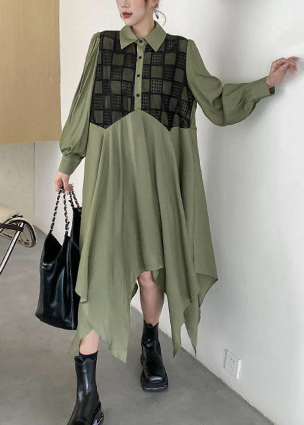 Chic Army Green Asymmetrical Patchwork Cotton Shirt Dresses Spring - Image 3