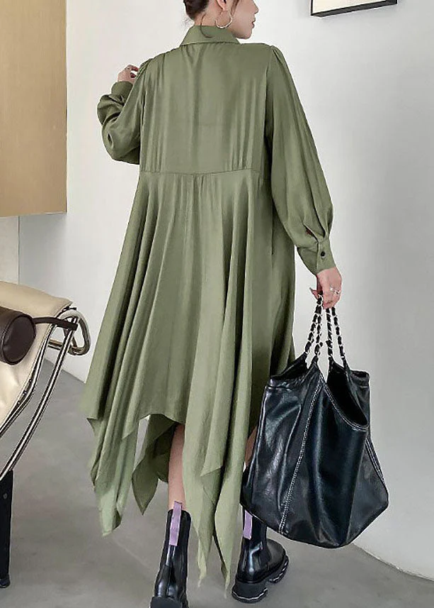 Chic Army Green Asymmetrical Patchwork Cotton Shirt Dresses Spring - Image 4