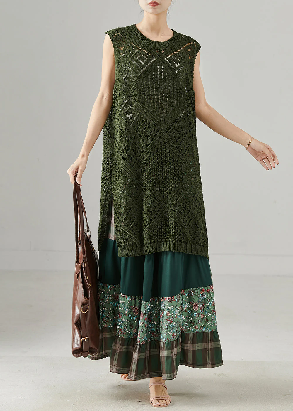 Chic Army Green Hollow Out Side Open Knit Dress Two Piece Set Summer - Image 2