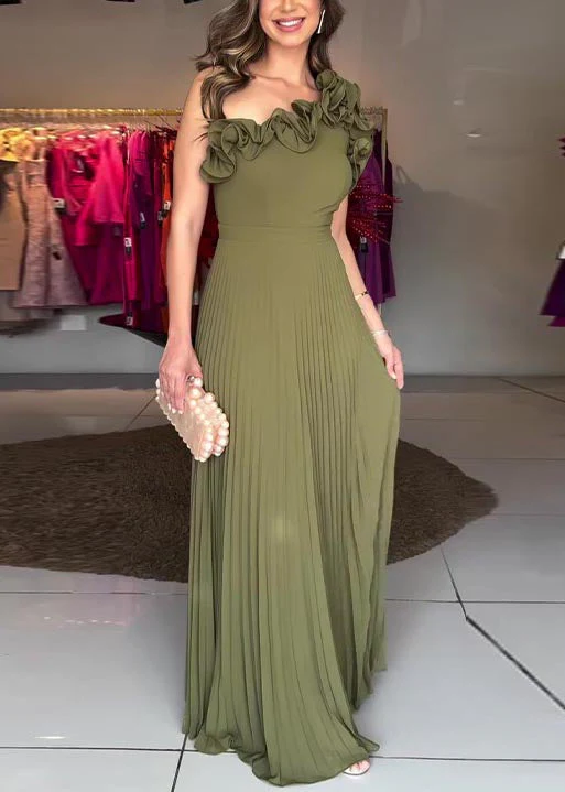 Chic Army Green One Shoulder Floral Pleated Dress Summer - Image 3