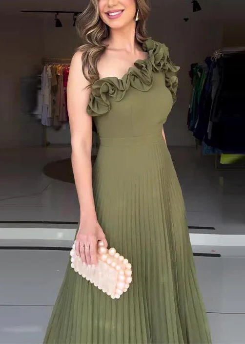 Chic Army Green One Shoulder Floral Pleated Dress Summer - Image 4