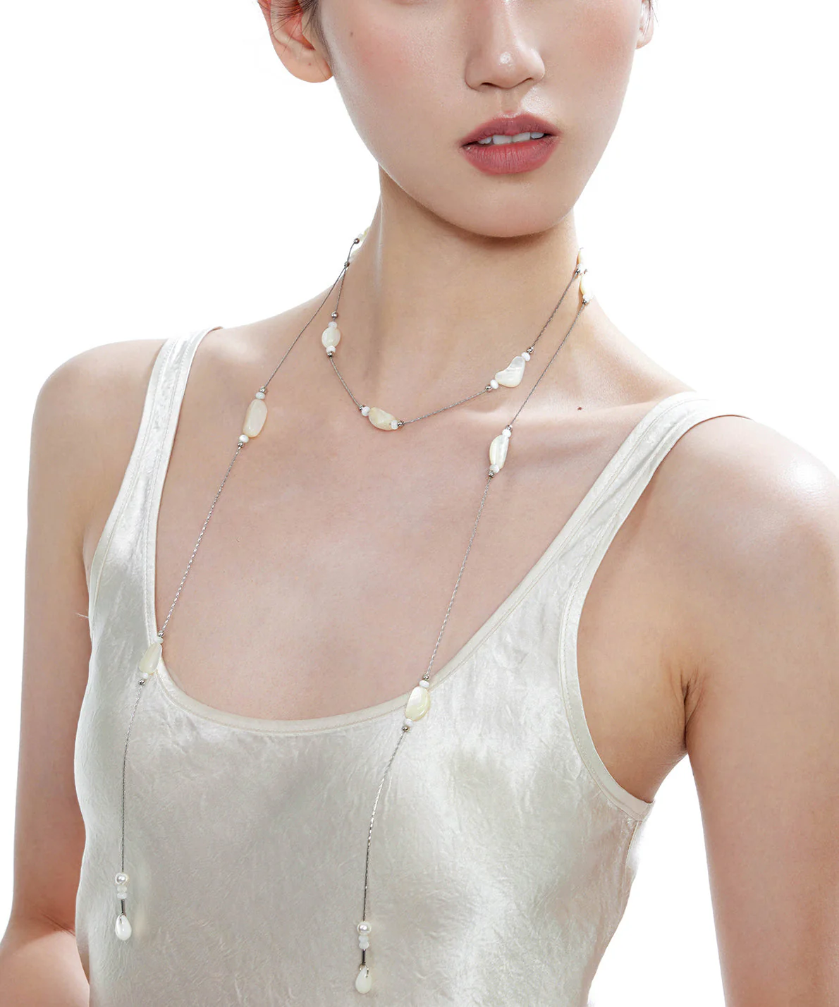 Chic Beige Asymmetric Pearl Double Chain Alloy Necklace - Image 5