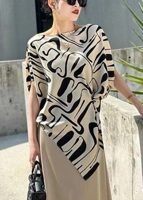 Chic Beige Asymmetrical Print Cotton Blouse Tops Summer - Image 3