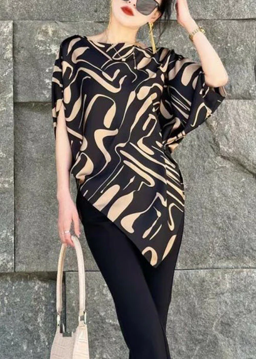 Chic Beige Asymmetrical Print Cotton Blouse Tops Summer - Image 4