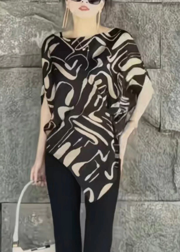 Chic Beige Asymmetrical Print Cotton Blouse Tops Summer - Image 5