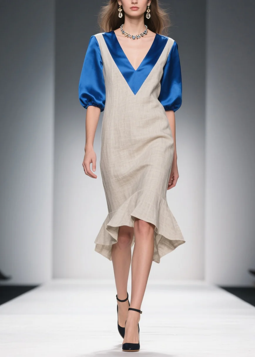 Chic Beige Double-V Neck Patchwork Linen Silk Long Dresses Summer - Image 5