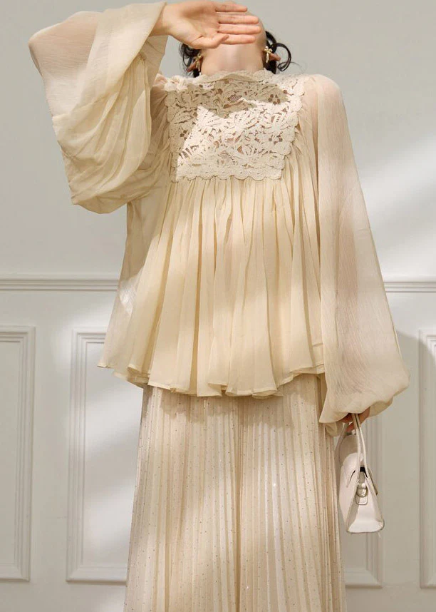 Chic Beige Lace Patchwork Top And A Line Skirts Two Pieces Set Spring - Image 3