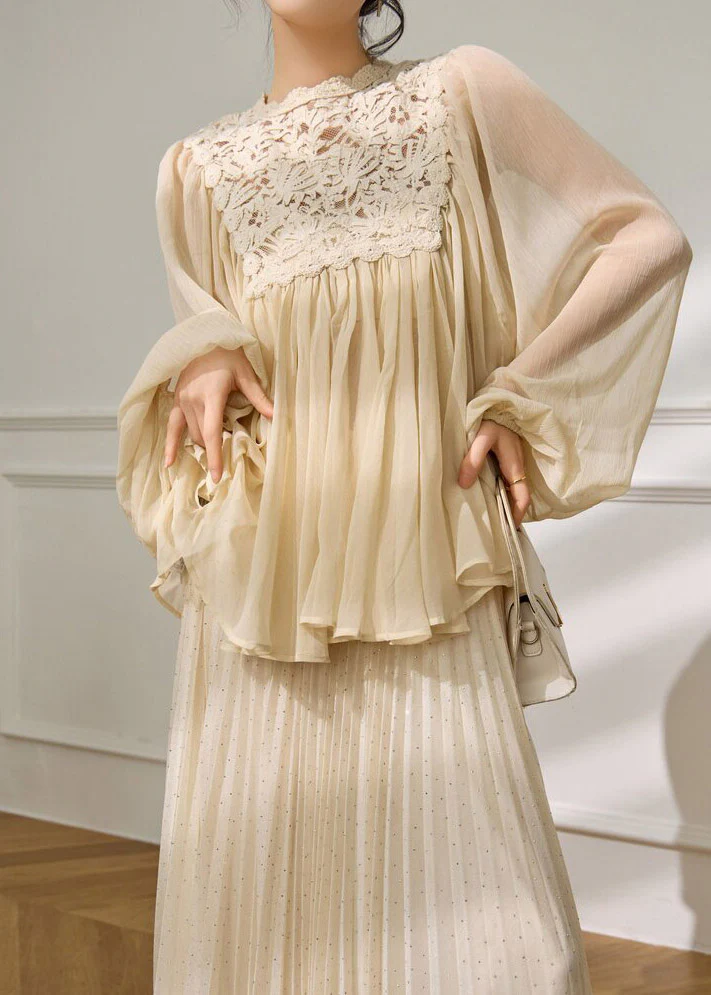 Chic Beige Lace Patchwork Top And A Line Skirts Two Pieces Set Spring - Image 4