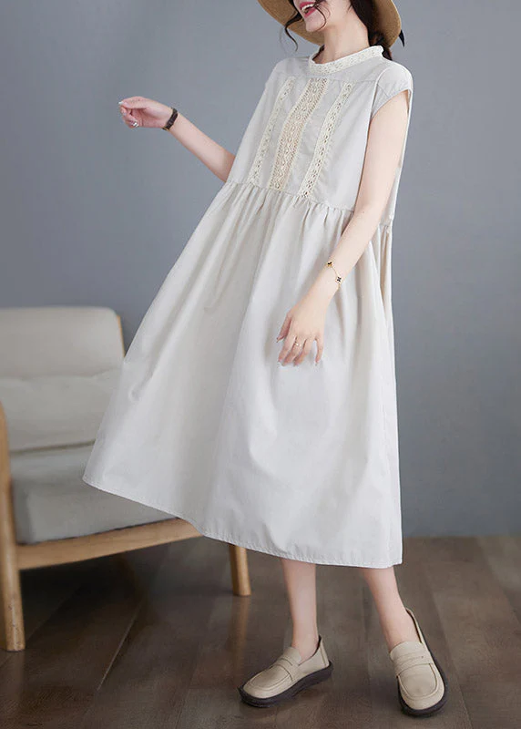 Chic Beige O-Neck Solid Cotton Long Dresses Short Sleeve - Image 3