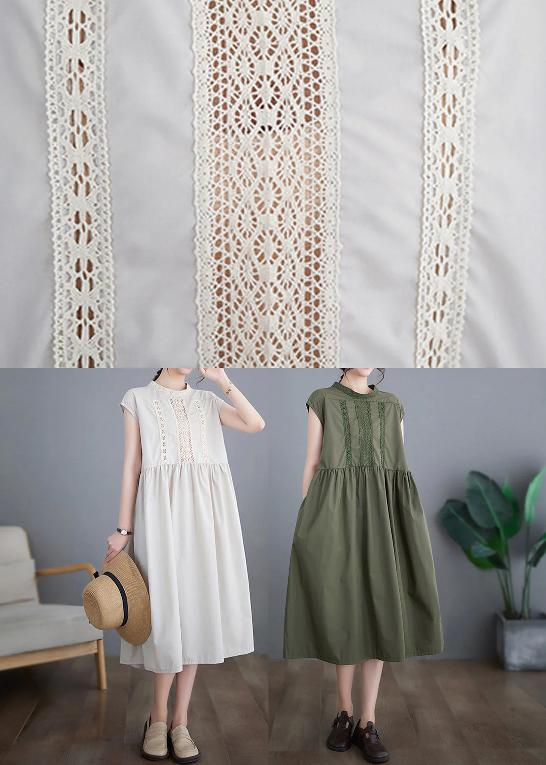 Chic Beige O-Neck Solid Cotton Long Dresses Short Sleeve - Image 5