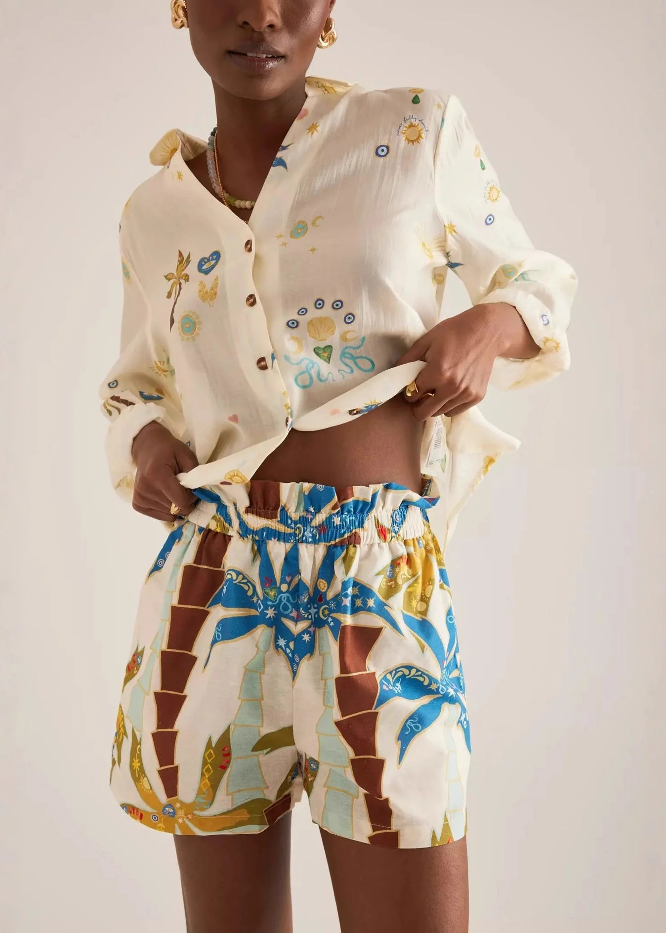 Chic Beige Oversized Print Cotton Two Pieces Set Summer - Image 2
