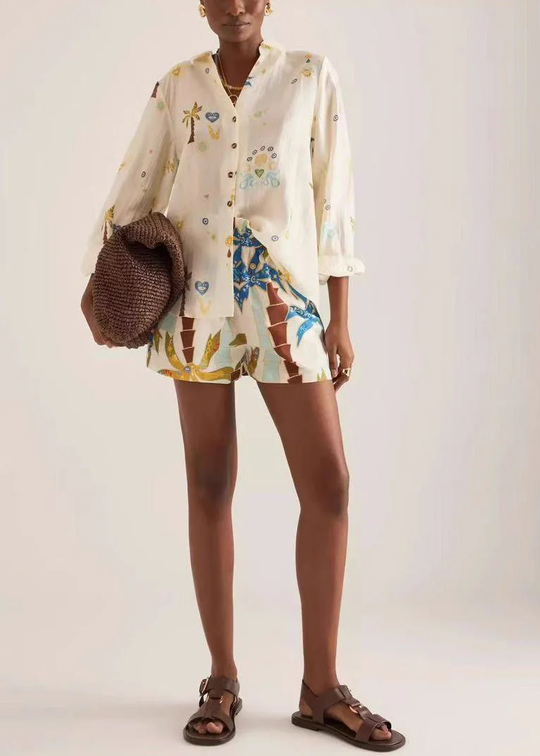 Chic Beige Oversized Print Cotton Two Pieces Set Summer - Image 3